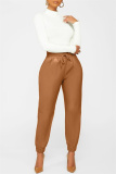 Brown Fashion Casual Solid Basic Regular High Waist Trousers