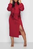 Red Sexy Solid Slit Hooded Collar Waist Skirt Dresses