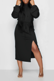 Black Sexy Solid Slit Hooded Collar Waist Skirt Dresses