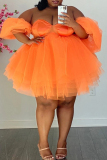Orange Fashion Sexy Solid Split Joint Backless Off the Shoulder Mesh Dress Plus Size Dresses