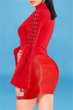 Red Fashion Casual Solid Bandage Split Joint Turtleneck Long Sleeve Dresses