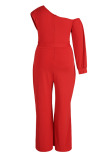 Red Sexy Solid Bandage Patchwork Asymmetrical Collar Plus Size Jumpsuits
