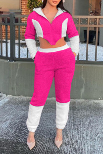 Rose Red Casual Street Solid Patchwork Zipper Hooded Collar Long Sleeve Two Pieces
