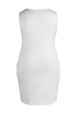 White Fashion Casual Plus Size Print Basic V Neck A Line Dresses