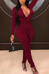 Wine Red Sexy Patchwork zipper Long Sleeve O Neck Jumpsuits