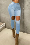 Medium Blue Fashion Casual Solid Ripped High Waist Skinny Denim Jeans