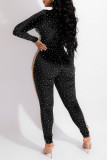 Black Fashion Sexy Patchwork Hot Drilling See-through Turtleneck Regular Jumpsuits