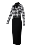 Black White Fashion Casual Print Patchwork With Belt Turndown Collar Long Sleeve Dresses