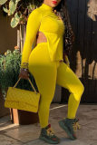 Yellow Sexy Solid Slit Half A Turtleneck Long Sleeve Two Pieces