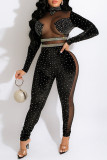 Blue Fashion Sexy Patchwork Hot Drilling See-through Turtleneck Regular Jumpsuits