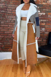 Grey Fashion Casual Patchwork Cardigan Turndown Collar Outerwear