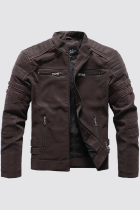 Coffee Fashion Casual Solid Patchwork Zipper Mandarin Collar Outerwear