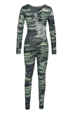 Khaki Sexy Print Hollowed Out O Neck Skinny Jumpsuits