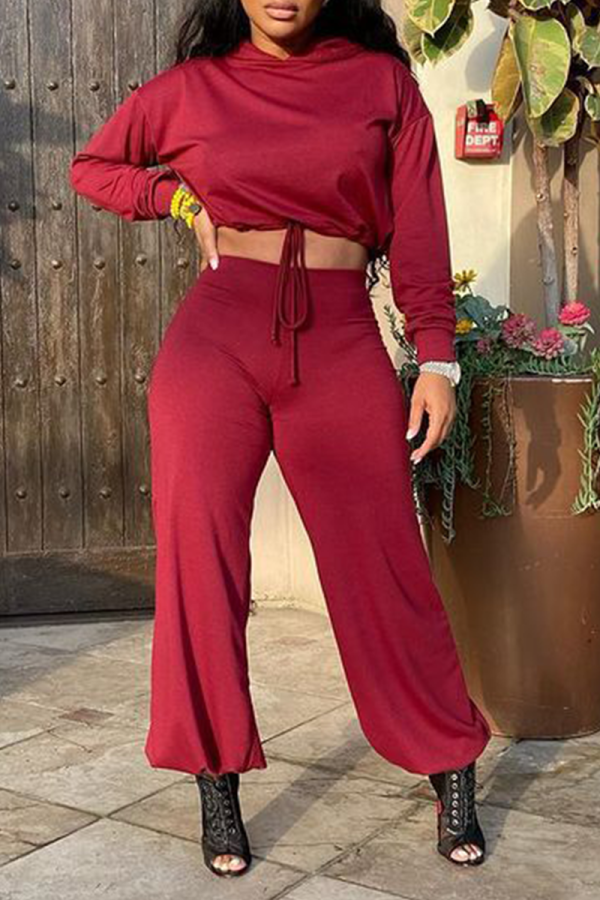 Red Sexy Solid Split Joint O Neck Long Sleeve Two Pieces
