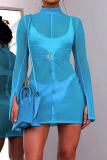 Blue Sexy Solid Mesh Half A Turtleneck Long Sleeve Two Pieces