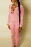 Pink Sexy Solid Hollowed Out V Neck Skinny Jumpsuits