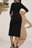 Black Sexy Solid Split Joint Frenulum Slit Fold O Neck One Step Skirt Dresses