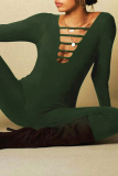 Green Sexy Solid Hollowed Out V Neck Skinny Jumpsuits