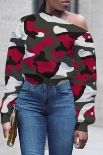 Red Fashion Casual Camouflage Print Basic Oblique Collar Tops