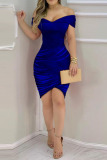 Blue Elegant Solid Patchwork Asymmetrical Off the Shoulder One Step Skirt Dresses