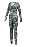 Green Sexy Print Hollowed Out O Neck Skinny Jumpsuits