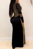 Black Fashion Sexy Patchwork Hot Drilling Slit O Neck Long Sleeve Dresses