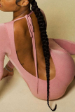 Pink Sexy Solid Hollowed Out V Neck Skinny Jumpsuits