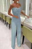 Blue Sexy Solid Patchwork Feathers With Belt Strapless Straight Jumpsuits(Contain The Belt)