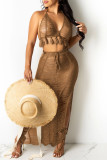 Camel Fashion Sexy Solid See-through Backless Halter Sleeveless Two Pieces