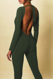 Black Sexy Solid Hollowed Out V Neck Skinny Jumpsuits
