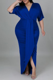 Blue Sexy Solid Patchwork Asymmetrical V Neck Straight Plus Size Dresses