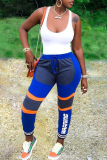 Blue Casual Sportswear Patchwork Basic Regular High Waist Trousers