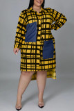 Khaki Fashion Casual Plus Size Plaid Print Split Joint Turndown Collar Shirt Dress