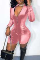 Pink Casual Solid Patchwork Zipper Collar Skinny Rompers