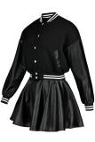 Black Casual Solid Patchwork Buckle Fold Long Sleeve Two Pieces