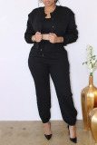 Black Casual Solid Patchwork Buckle U Neck Long Sleeve Three Pieces