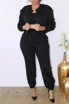Black Casual Solid Split Joint Buckle U Neck Long Sleeve Three Pieces