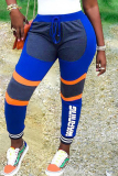 Blue Casual Sportswear Patchwork Basic Regular High Waist Trousers