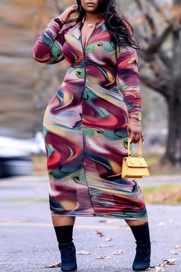 Multicolor Casual Print Split Joint Zipper Collar One Step Skirt Dresses