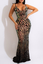 Black Fashion Sexy Patchwork Sequins Backless Spaghetti Strap Evening Dress