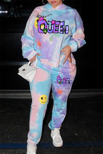 Blue Purple Fashion Casual Letter Print Hooded Collar Long Sleeve Two Pieces