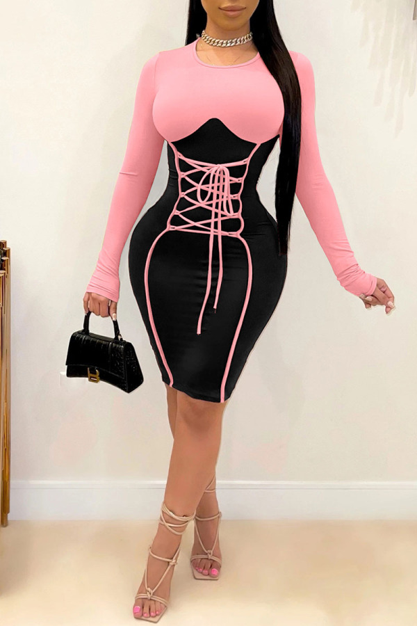 Pink Sexy Solid Bandage Patchwork O Neck One Step Skirt Dresses