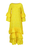 Yellow Fashion Casual Print Patchwork O Neck Long Sleeve Dresses