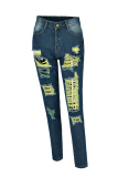 LightBlueGreen Fashion Casual Stitching Ripped Jeans