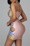 Multi-color Fashion Sexy Patchwork Hollowed Out Sequins Backless Halter Sleeveless Dress