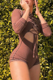 Brown Sexy Solid Bandage Hollowed Out Split Joint O Neck Regular Jumpsuits