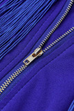 Blue Casual Solid Tassel Patchwork Zipper O Neck Dresses