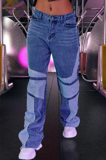 Blue Fashion Casual Patchwork Basic High Waist Regular Denim Jeans