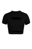 Black Sexy Solid Hollowed Out Half A Turtleneck T-Shirts