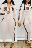 White Sexy adult Fashion Patchwork Zippered Leopard Print Two Piece Suits pencil Long Sleeve